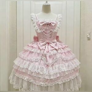 NEW Sweet Harajuku Lolita Pink Lace Ruffle Dress
